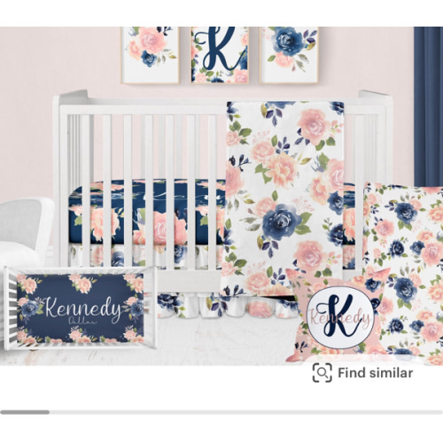 Crib Bedding Set Girl, Floral Nursery Bedding, Pink and Navy Blue Baby Girl Crib Bedding Set, Personalized Baby Decor