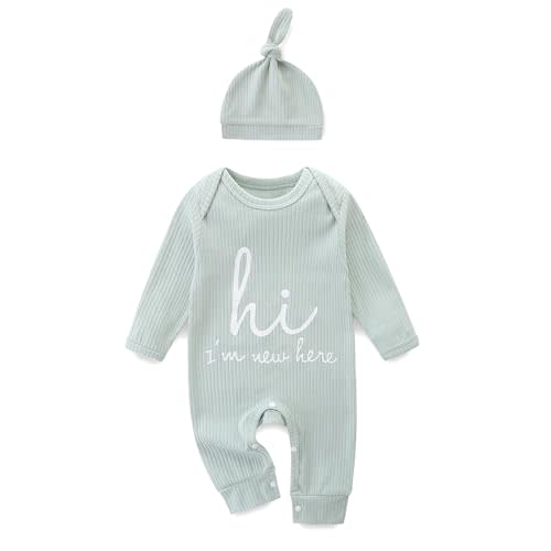 Jomixa Newborn Girls and Boys Romper, Hi I’m New Here Long Sleeve Cotton Baby Clothes, Newborn Coming Home Outfit