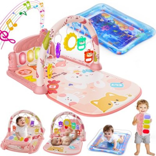 WonderStone Baby Gym Playmat for Infant,Tummy Time Water Mat with 5 Infant Sensory Baby Toys & Musical Piano Activity for 0-36 Months Boys Girls，Pink