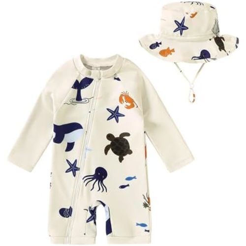 YOUNGER TREE Baby Boys Swimsuit Toddler One Piece Zipper Bathing Suit Long Sleeve Rash Guard Swimwear Sunsuit UPF 50+