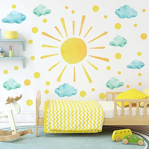 Sun and Clouds Wall Decals Polka Dots Decal Watercolor Boho Sun Wall Decals Peel and Stick, PVC Sunrise Wall Stickers Sunshine Wall Art Decor for Kids Room Playroom Nursery Bedroom