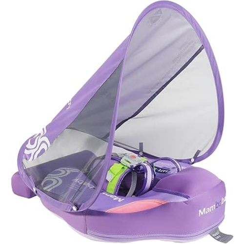 Mambobaby Baby Float with Canopy & Tail Non-Inflatable Baby Swim Float Upgrade Soft Infant Pool Float Sun Protection Newborn Pool Float 3-24 Months Skin-Friendly Material for Toddler Boys Girls