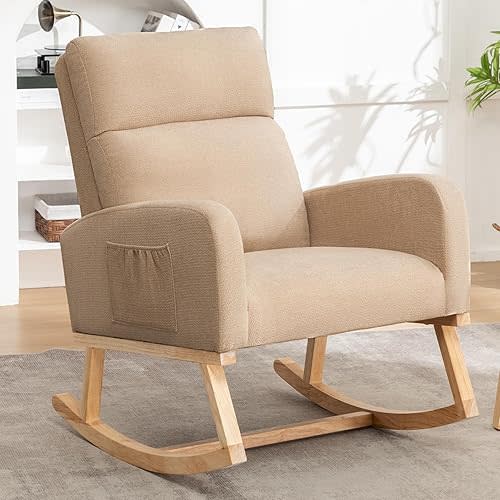 Rocking Chair Nursery, Upholstered Fabricr Nursing Rocking Chairs with Soft High Back, Modern Nursery Glider Rocker for Mom Living Room, Bedroom, Camel