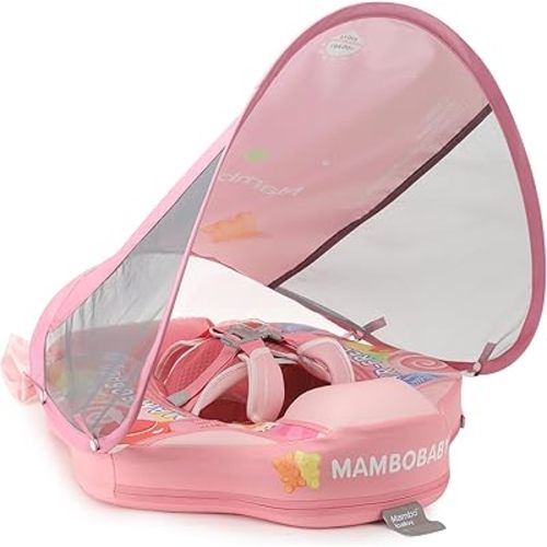 Mambobaby Float Add Tail Baby Swim Float with Canopy Solid Pool Infant Swim Trainer Swimming Training Lying Air Free Water Floats Non-Inflatable Waist Swim Ring for Toddlers (Candy)