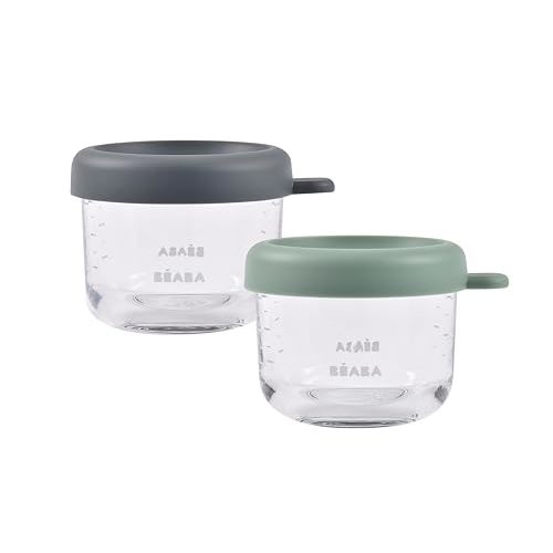 Beaba 2 Pack Glass Baby Food Jars, Freezer, Sterilizer, and Dishwasher Safe, 5 oz Baby Food Storage Jars with Silicone Air Tight Lid, Mineral/Sage