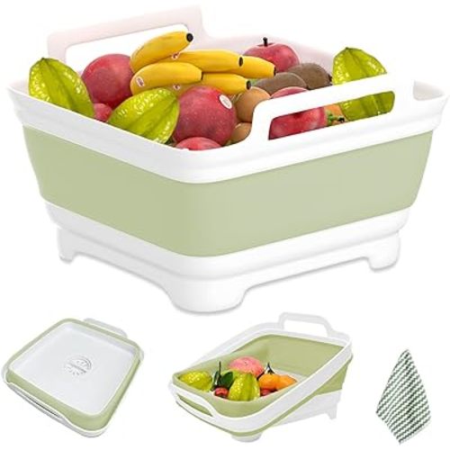 2.4 Gal(9L) Collapsible Dish Basin,Collapsible Kitchen Sink with Drain,Laundry Tub,Dish Tubs, Camping Sink Foldable, Kitchen Storage Tray for Camping, Vegetable Washing, RV (Green)