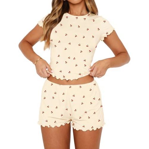 Lacozy Cute Pajamas for Women Set 2 Piece Short Sleeve Pjs Floral Graphic Crop Top Y2K Summer Sleepwear Lounge Set
