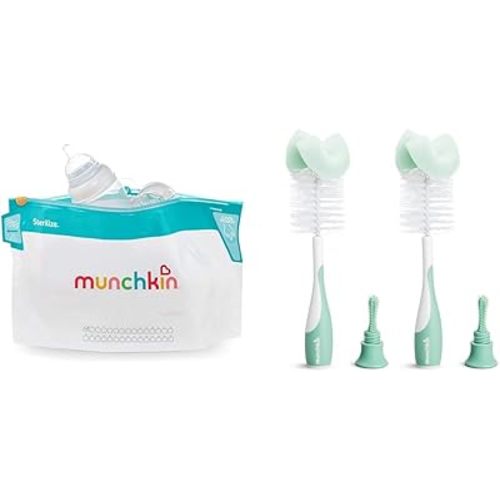 Munchkin® Sterilize™ Microwave Bottle Steam Sterilizer Bags, 30 Uses per Bag, 6 Pack & Sponge™ Bottle Brush, 2 Pack, Green