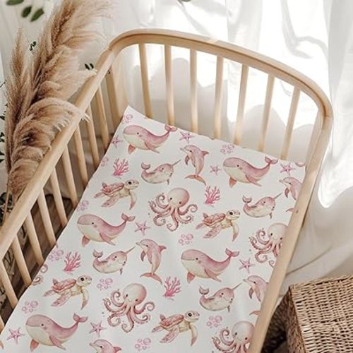 Cute Whales Sea Turtle Dolphin Octopus Starfish Pink Fitted Baby Crib Sheet for Boys Girls 28x52 Inch Bubbles Coral Baby Sheet for Standard Crib and Toddler Ocean Animals Bed Mattress