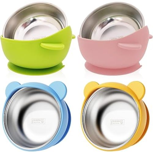 ninecessary Stainless Steel Baby Bowls with Silicone Sleeve 4 Pack, Stay Put Suction Bowls for Toddlers & Kids Food Feeding | Non-Slip, BPA-Free Bowls for Cereal, Soup & Snacks