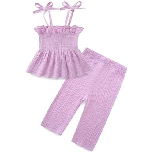 Toddler Girl Summer Clothes Solid Color Sweet Camisole Ruffle 2-Piece Infant Cotton Linen Pants Set