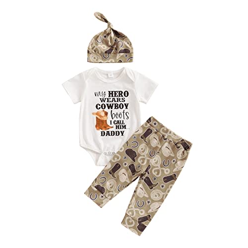 Kayotuas Newborn Baby Boy Cowboy Outfit Country Western Romper Shirt and Cowboy Boot Pants with Hat 3 Pcs Coming Home Outfit