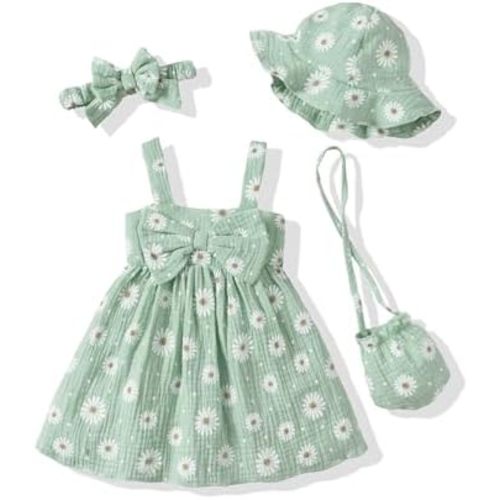 Toddler Girl Summer Dress Infant Baby Girl Casual Clothes Sleeveless Bowknot Beach Sundress with Hat