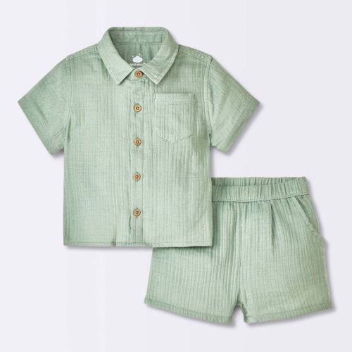Baby Boys' Gauze Slub T-shirt & Shorts Set - Cloud Island™ Green 6-9m: Lightweight Cotton Blend, Front Pocket, Elastic Waistband