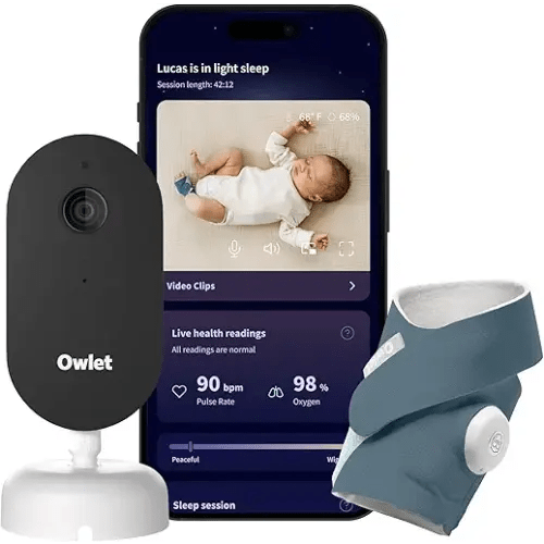 Owlet Dream Duo (Gen 3) Smart Baby Monitor All-in-One Bundle - 2K HD Video Baby Monitor with Alerts & Owlet Dream Sock Tracks Baby’s Oxygen, Heart Rate & Sleep | Health Insights via App