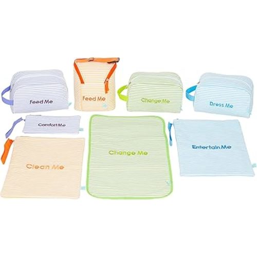 Easy Baby - Diaper, Bottle, and Supplies - Organizer Pouches and Changing Pad - Change, Feed, Dress, and Clean Me (8 Pack Seersucker) | Organizing Packing Tote Cubes for Baby Items