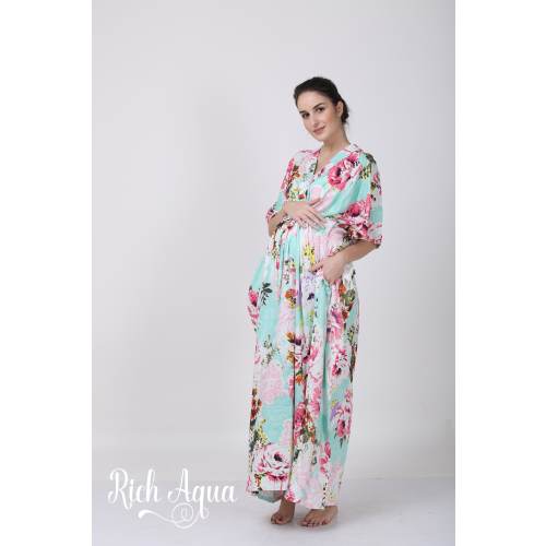 Delivery gown and Maxi dress. Birthing and nursing Hospital gown. Rich Aqua maternity gown for pregnancy, delivery and postpartum.