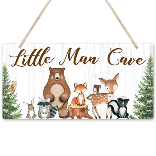 Uflashmi Wood Liitle Man Cave Sign, Woodland Animal Nursery Wall Decor for Baby Boys Room, Woodland Theme Nursey Room Decor for Toddler Boy, 12”x6”