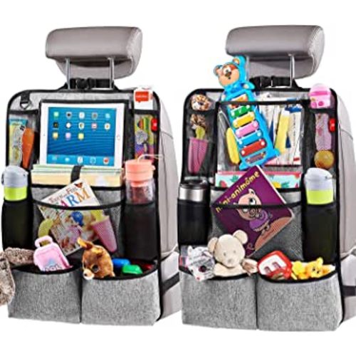 Helteko Backseat Car Organizer, Kick Mats Back Seat Protector with Touch Screen Tablet Holder, Car Back Seat Organizer for Kids, Car Travel Accessories, Kick Mat with 9 Storage Pockets 2 Pack, Gray