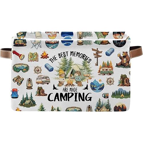 Camping Rectangle Storage Basket - Camping Themed Collapsible Storage Baskets with Handles - Camp out in the Wild Storages Bin for Kids Clothes, Gifts, Books, Toys