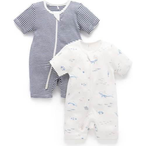 2 Pack Short Zip Romper Vanilla Nautical Pack - Purebaby Rompers | Maisonette