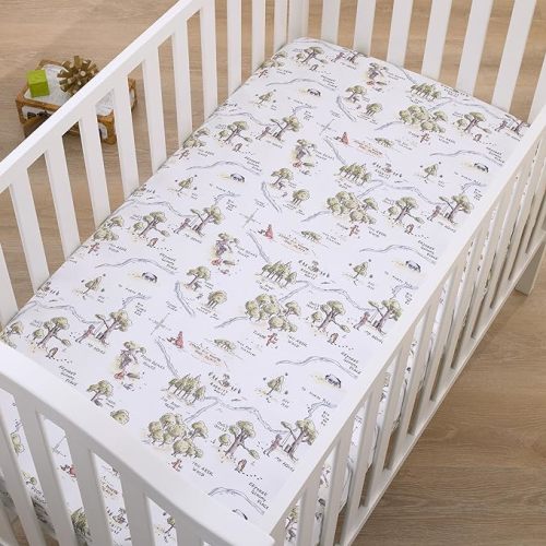Disney Classic Winnie The Pooh Sage, Tan, and White, Map of 100 Acre Woods Super Soft Nursery Fitted Crib Sheet - Classic Winnie the Pooh Sage & Tan