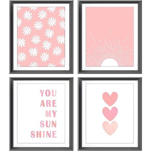 You are My Sunshine Boho Sage Pink Sun Sunshine Daisy Flower Hearts Poster Prints for Girls Kids Room Nursery Playroom Decor,Inspirational Quote Decorations Prints Wall Art Unframed 4pcs 8x10inches…