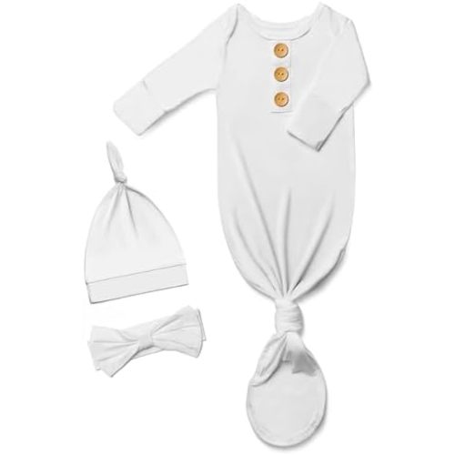 Soft Newborn Knotted Gown with Hairband and Hat, Baby Boy Girl Coming Home Outfit, Sleeper Baby Sleep Gown with Mittens