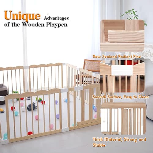 Baby Playpen, Wooden Playpen for Babies and Toddlers, Large Adjustable Wooden Baby Playard with Locking Gate, Easy to Assemble, Portable Play Pen, Infant Play Pen Play Area(47x62x24 Inch)