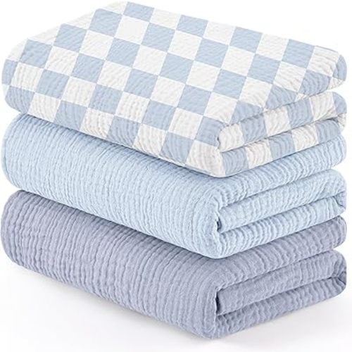 Susurration Muslin Receiving Blanket,100% Cotton Swaddle Blankets for Newborn Soft Thin Swaddle for Unisex Newborn 38x40inch (Blue Checkered)