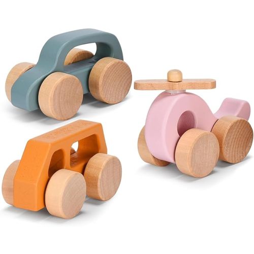 Childlike Behavior Wooden Car for Toddler - Wood Push Truck Vehicle - Montessori Inspired Wooden Rattle Teething toys - Baby Wood Cars for Kids, Boys, & Girls - 3 Pcs Push Truck Vehicle