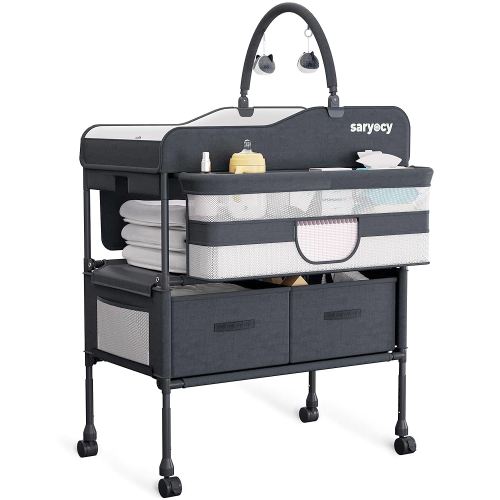 Baby Changing Table with Storage, Versatile Folding Changing Table, Baby Changing Station, Removable Wheels, 4 Adjustable Height, Waterproof, Mobile Nursery for Infant and Newborn