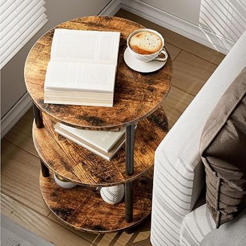 Small Round End Table - 3 Tier Design Accent Table, Narrow Side or Bedside Stand, Industrial Vintage Nightstand for Bedroom, Living Room, or Small Spaces, Rustic Brown