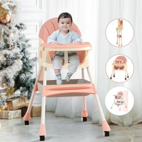 Hurber 4 in 1 Baby High Chair, Child Feeding Chair with Five-Point Harness, Retractable Detachable Dining Plate,Brakable Universal Wheel, Toy Rack, Pink
