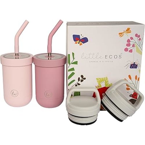 Double walled insulated Kids & toddler smoothie cups with screw tight lids and straws | Best Toddler sippy cup for 3 year old spill proof - Set of 2 cups for kids