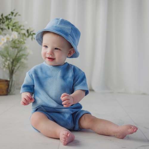 Tie Dyed Waffle Knit Romper & Hat Set, Blue - Miniclasix | Maisonette