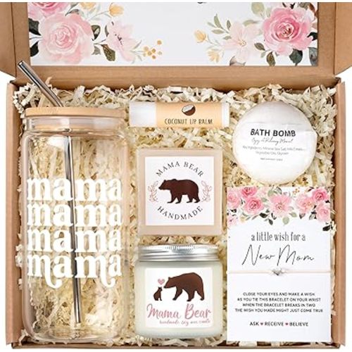 New Mom Gifts for Women, 7pcs Pregnancy Gifts for Expecting Mom, Mother to be After Birth, First Time Care Package After Baby, Congrats on Postpartum Present with 16 oz Mama Glass Cup
