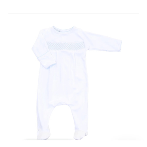 Magnolia Baby Boy Essentials Smocked White Footie with Blue Trim