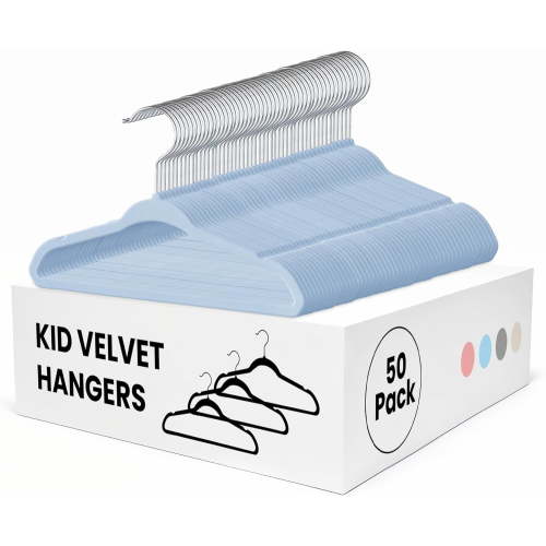 Kids Velvet Hangers 50 Pack, Non-Slip Baby Hanger for Infant & Toddler Clothes, 11 Inch Durable Children Hangers for Closet, Blue