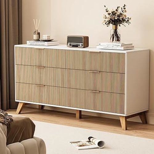 Fluted 6 Drawers Dresser for Bedroom, 53.4 Inch Wide Chest of Drawers for Storage with Solid Wood Legs, Modern Clothes Organizer Wooden Double Dresser for Socks Toys Linens Living Room Hallway