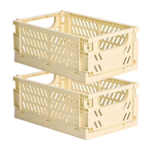 HUUSMOT 2-Pack Small Pastel Plastic Storage Baskets, Collapsible Crates for Organizing, Space-Saving Mini Bins for Classroom, Kitchen, Office, Bedroom (Yellow, 9.8" x 6.5" x 3.8")