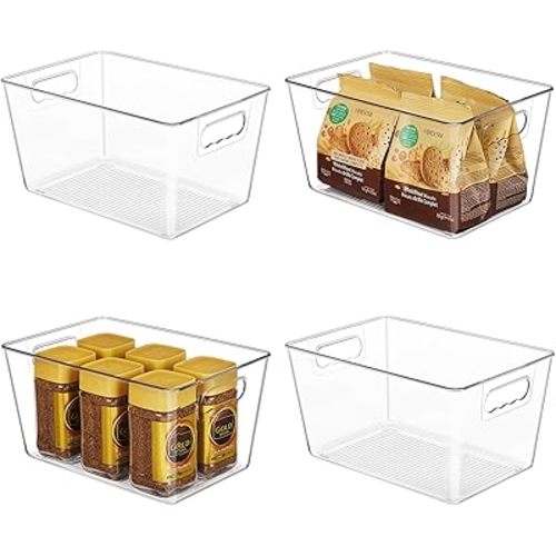YIHONG Clear Plastic Storage Bins, 4 Pack Pantry Organizer Bins with Handle for Kitchen, Freezer,Cabinet,Closet Organization and Storage