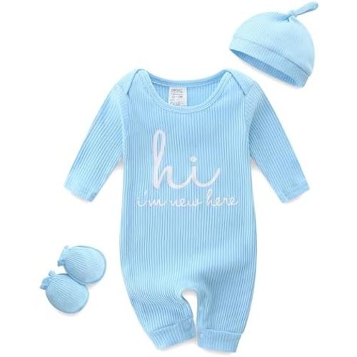 Baby Romper with Baby Mittens & Newborn Hats Footless Long Sleeve Solid Onesie Hi Im New Here