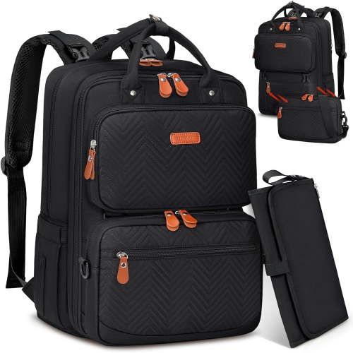 RAINSMORE Baby Changing Bag Backpack Waterproof Nappy Changing Bag with Portable Changing Mat Multifunction Diaper Bags Lager Baby Bag for Mum & Dad,Black