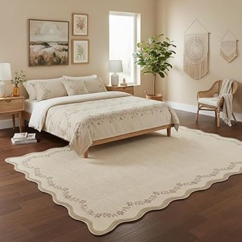 GarveeHome 6x9 Scalloped Area Rug Brown Washable Rugs for Living Room Bedroom, Soft Low Pile Non Slip Accent Floor Mat Solid Floral Print Throw Rug Farmhouse Indoor Carpet for Dorm Playroom