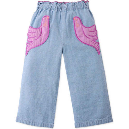 Mini Esme Denim Pants With Bird Patch Pocket, Blue - Gingersnaps | Maisonette