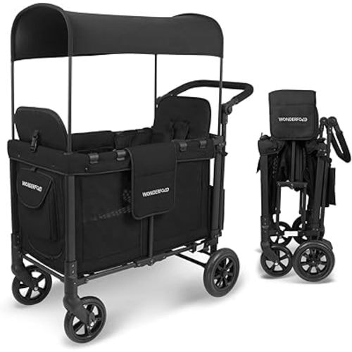 WONDERFOLD W2 Original + Stroller Wagon (2 Seater) - Collapsible Wagon Stroller with Seats with 5-Point Harnesses, Easy-Access Door, and Adjustable Sun Canopy, Black