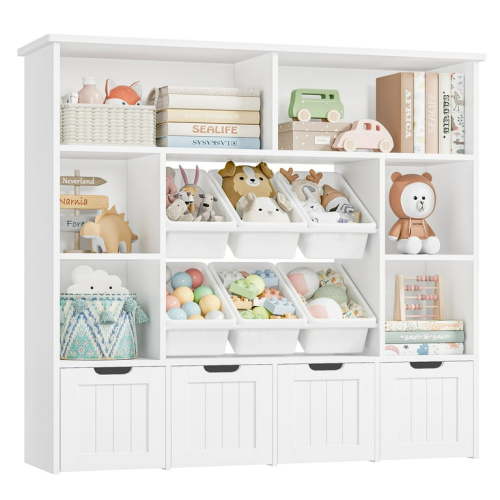 Hiphuta Large 4 Tier Kids Bookcase, Wood Toy Organizer of 6 Boxes & 4 Removable Drawers, Bookshelf for Kids Room, White