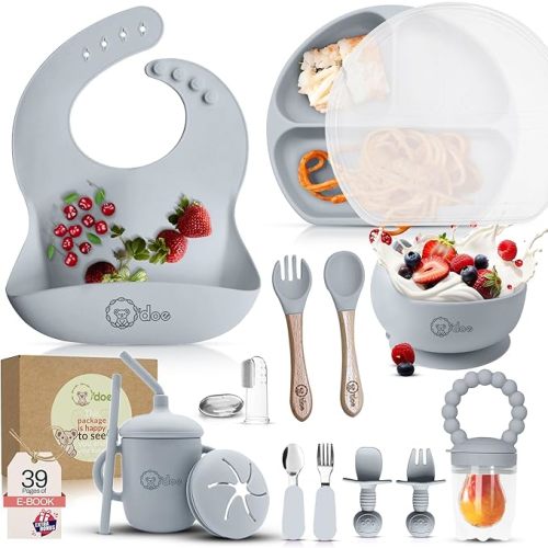 O'doe 17-Piece Baby Led Weaning Feeding Supplies for Toddlers, Baby Feeding Set | Suction Silicone Baby Bowl Self Eating with Fruit Feeder, Cup, Bibs, Food Plate Kit with Lid 6+ Months | Grey V2