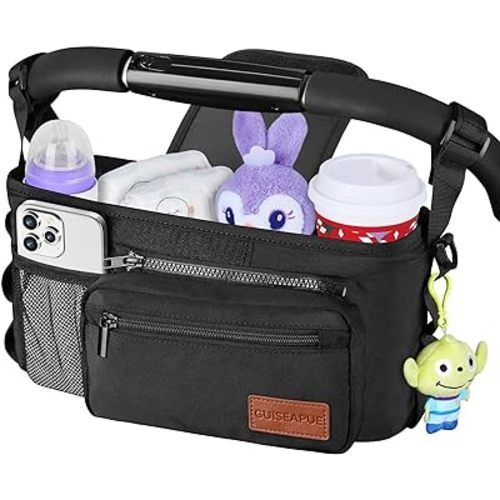 Guiseapue Universal Stroller Organizer with Cup Holder Detachable Phone Bag and Shoulder Strap, Stroller Caddy Fits for Stroller Accessories like Uppababy, Baby Jogger, Doona, Nuna Stroller